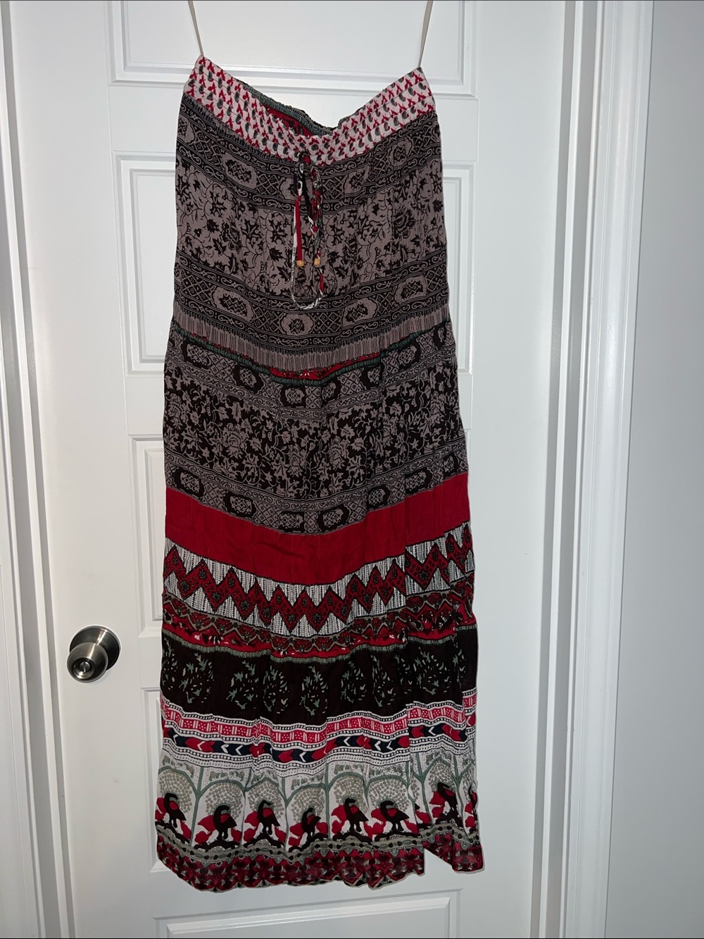 Boho Tiered Maxi Skirt in Red and Black